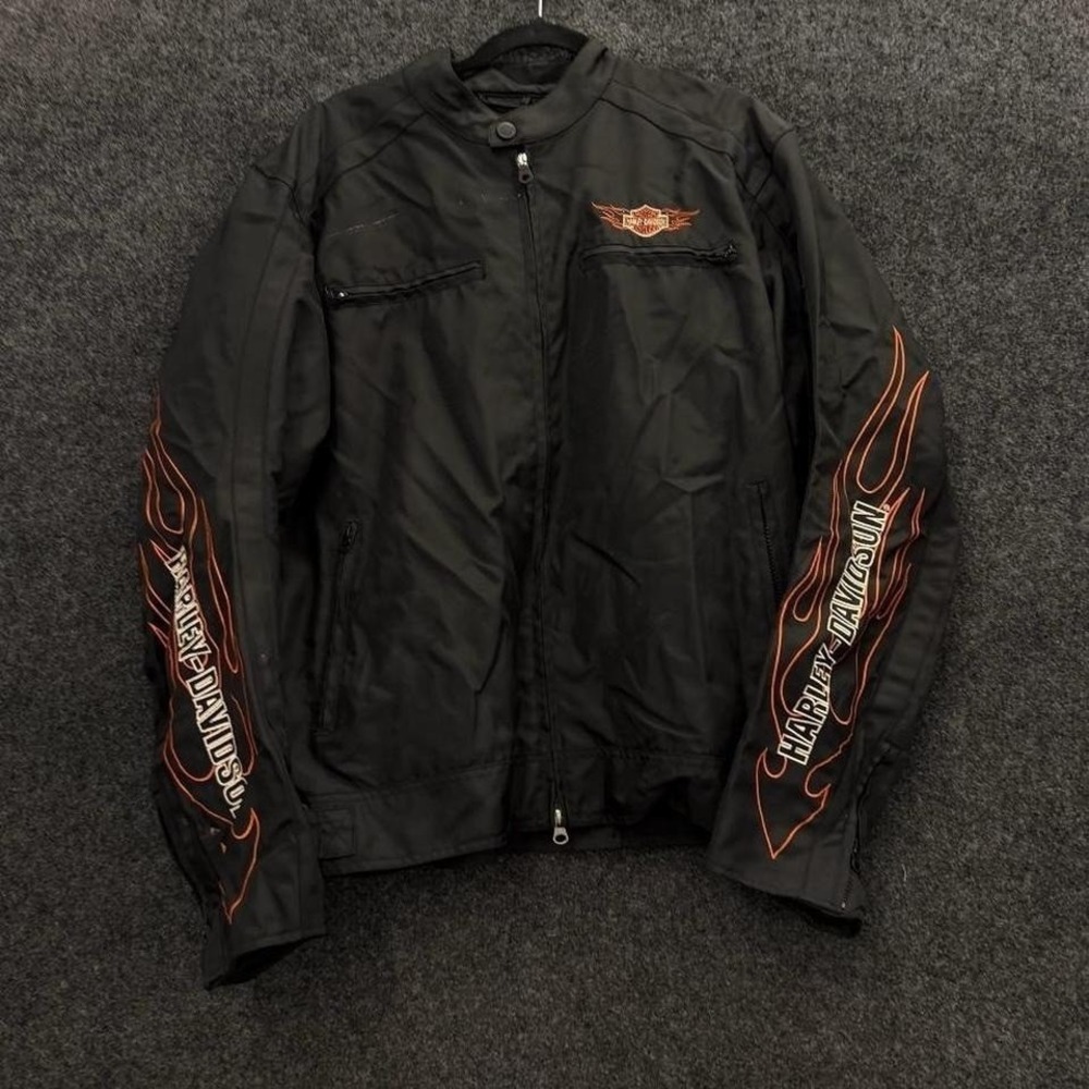 Harley Davidson Mens XL Black Flame Sleeve Riding Jacket Motorcycle Biker VTG